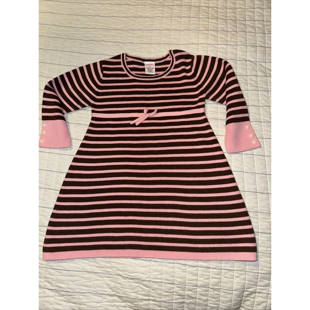 Gymboree Girls 2T Pink Brown Striped Cotton Knit Sweater Dress Long Sleeve Bow‎
